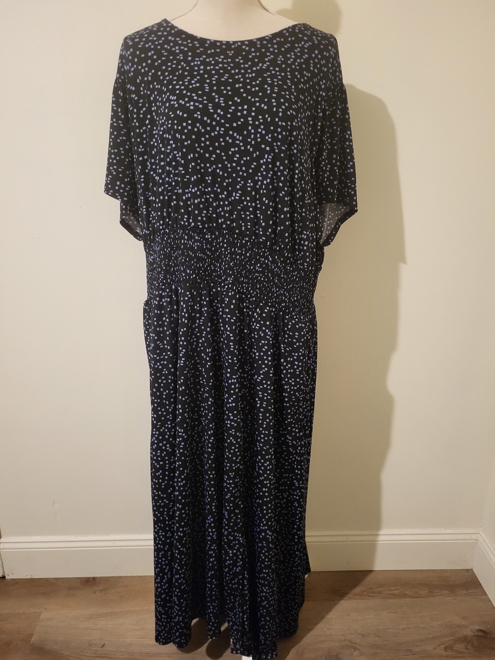 NWT Cato Black Maxi Dress with Light Blue Dot Print Smocked Waist Pockets Career